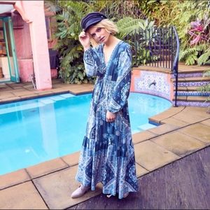 JAASE Raya Print Blue Santo Long Sleeve Maxi Dress